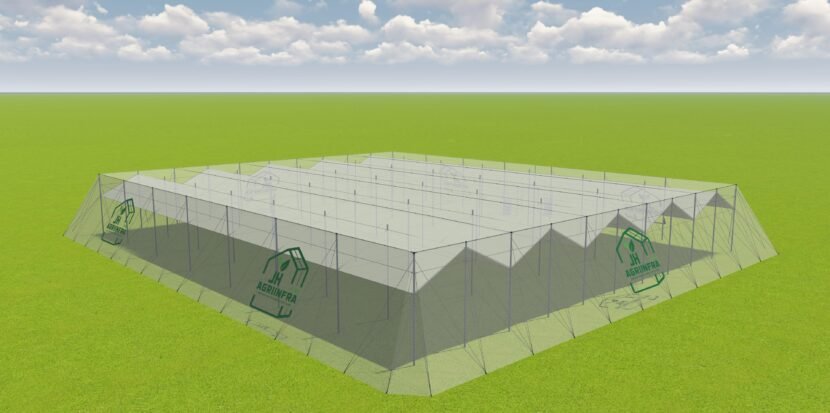Premium wire rope flat roof shade net house with integrated rain protection, designed by JH Agriinfra for advanced farming and crop safety.