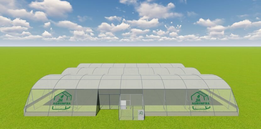 Alt text Dome shaped poly net house in Gujarat built by JH Agriinfra for sustainable and protected farming