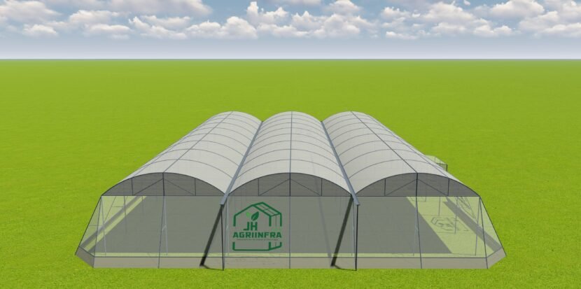 Global dome-shaped poly shade net house by JH Agriinfra for advanced protected farming solutions.