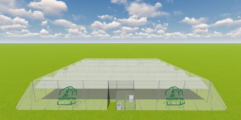 JH Agriinfra as a top manufacturer of wire rope flat roof shade net houses featuring advanced rain protection systems for agriculture.