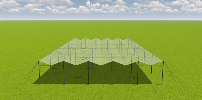 High-performance rain protection system developed by JH Agriinfra to prevent rain damage and improve cherry crop quality and yield.