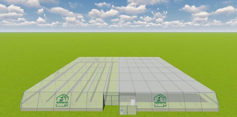 Flat Roof Shade Net House manufactured by JH Agriinfra for advanced agricultural protection and sustainable farming.