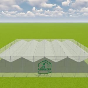 Agricultural shade net house with wire rope flat roof structure and integrated rain protection system by JH Agriinfra.