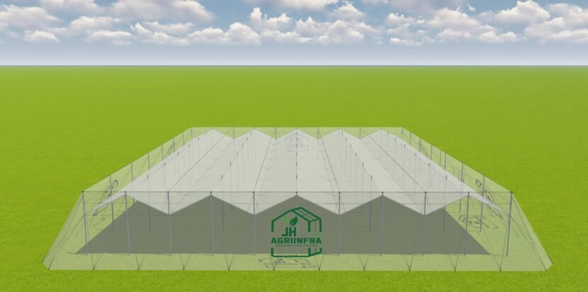 Agricultural shade net house with wire rope flat roof structure and integrated rain protection system by JH Agriinfra.