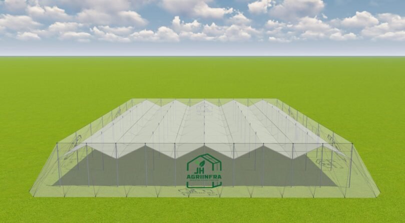 Wire Rope Flat Roof Shade Net House with Rain Protection System in India – JH Agriinfra Agricultural shade net house with wire rope flat roof structure and integrated rain protection system by JH Agriinfra.