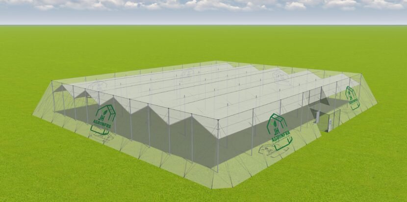 Global agricultural innovation featuring wire rope flat roof shade net house with rain protection system by JH Agriinfra.